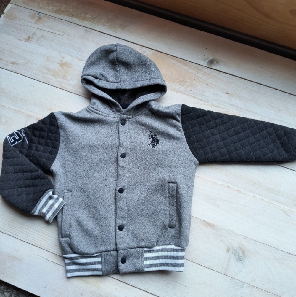 US Polo Assn Graphics Logo Button Up Varsity Jacket Coat Boys Size 7 Gray